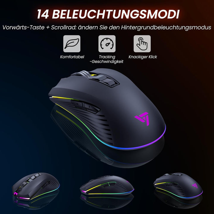 RisoPhy Gaming Tastatur Maus Set Kabellos, QWERTZ, Metallplatte, 7 Farben Beleuchtet, Wiederaufladba