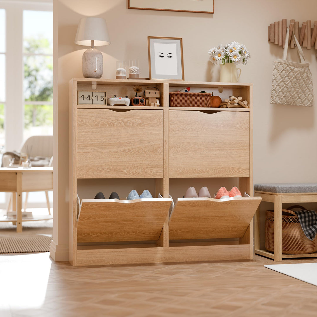 ELUCHANG Schuhschrank schmal mit 4 Klappen Platzsparender, Schuhkipper Schuhkommode, Geschlossen Sch