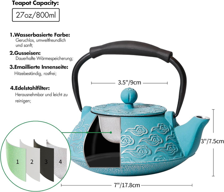 Teekanne aus Gusseisen, japanische Teekanne mit Teesieb für lose Blätter, 800 ml, Teekessel, Herdpla