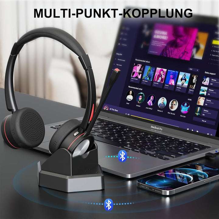 Bluetooth Headset mit Mikrofon für PC, Wireless Headset mit USB Adapter & Ladestation, 40 Stunden Sp