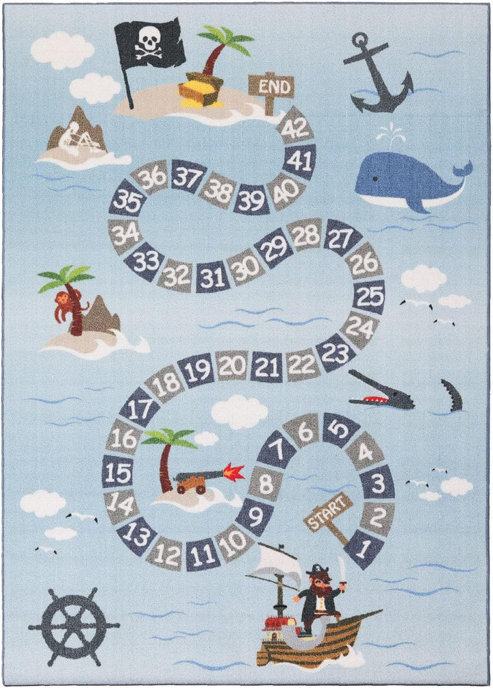 SIMPEX Kinderteppich Blau 80x120 cm Pirat Design Modern rutschfest Waschbar Pflegeleicht Extra Weich