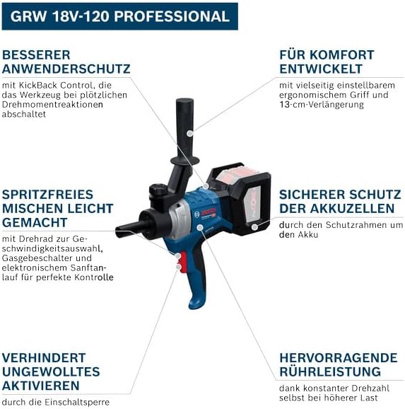 Bosch Professional 18V System Akku-Rührwerk GRW 18V-120 (inkl. 1x Verlängerung 13 cm (M14-M14) 2x Sc