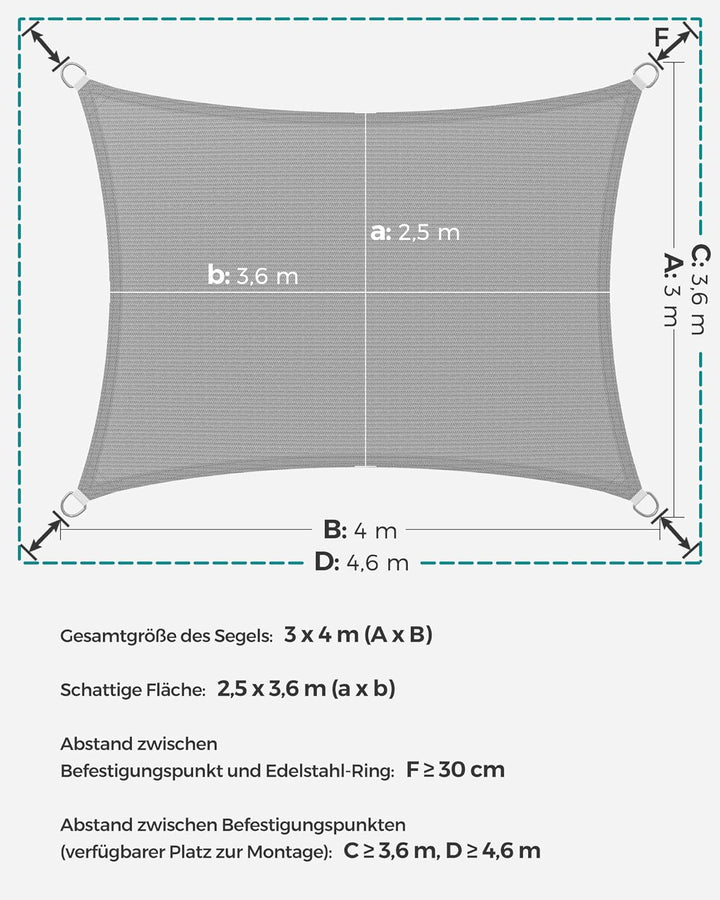 SONGMICS Sonnensegel 3 x 4 m, Sonnenschutz aus HDPE-Gewebe, luftdurchlässig, wasserdurchlässig, für
