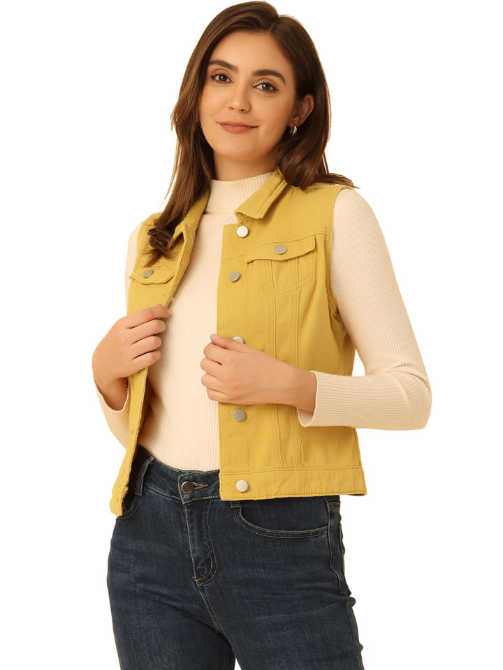 Allegra K Damen Jeansweste Ärmellos Knopfleiste Denim Rever Jacke Westen mit Taschen XL Gelb, XL Gel
