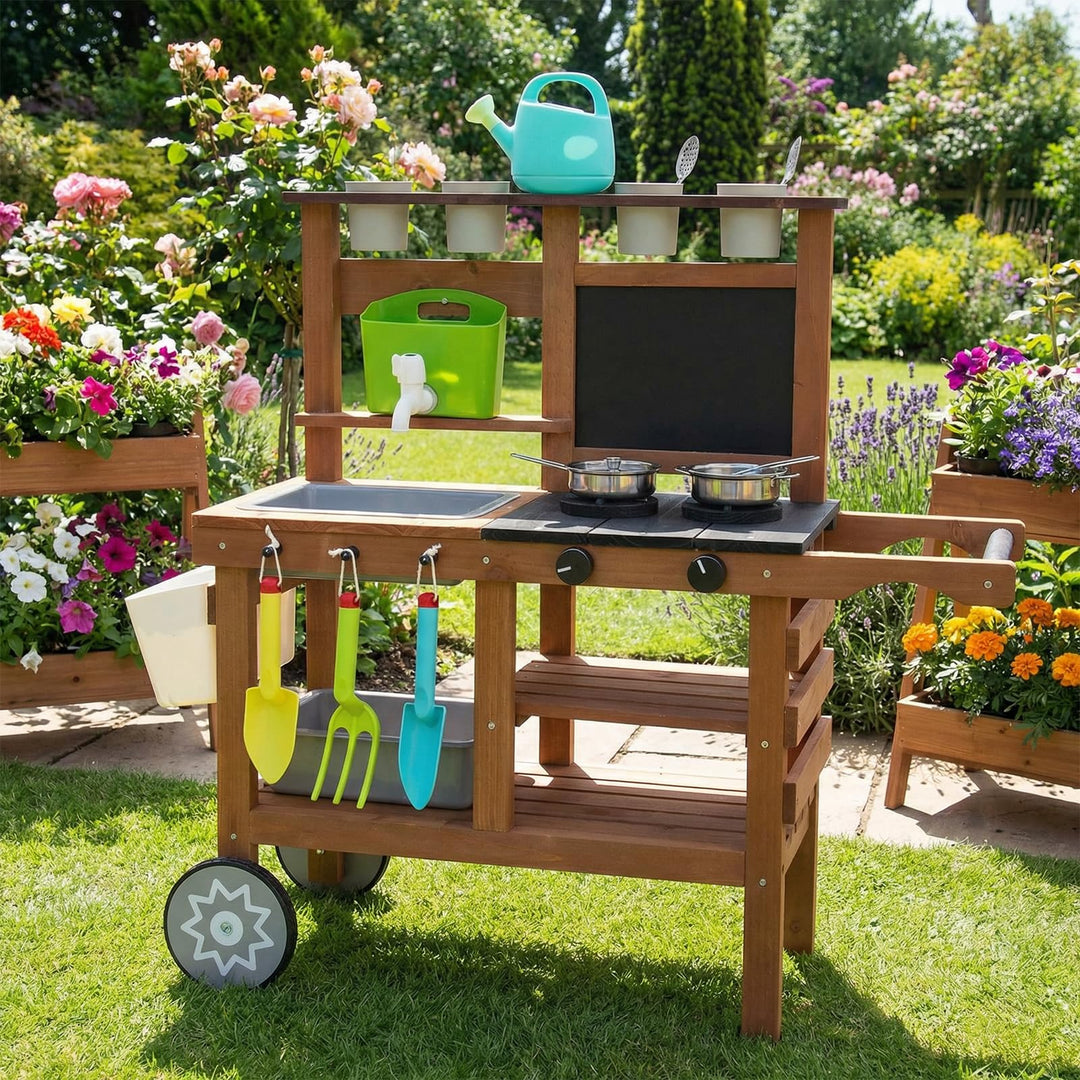 Kinderküche Outdoor Spielküche Gartenspielküche Matschküche Kinder Outdoor Mit Rädern, Wasserkocher,