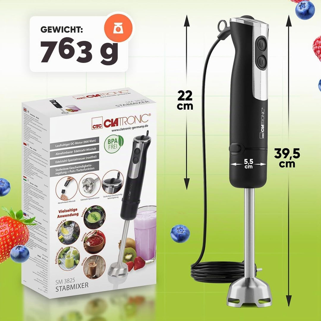 Clatronic Stabmixer 800W mit Turbo-Funktion | Pürierstab mit Edelstahlmesser | 12 Stufen | für Babyn