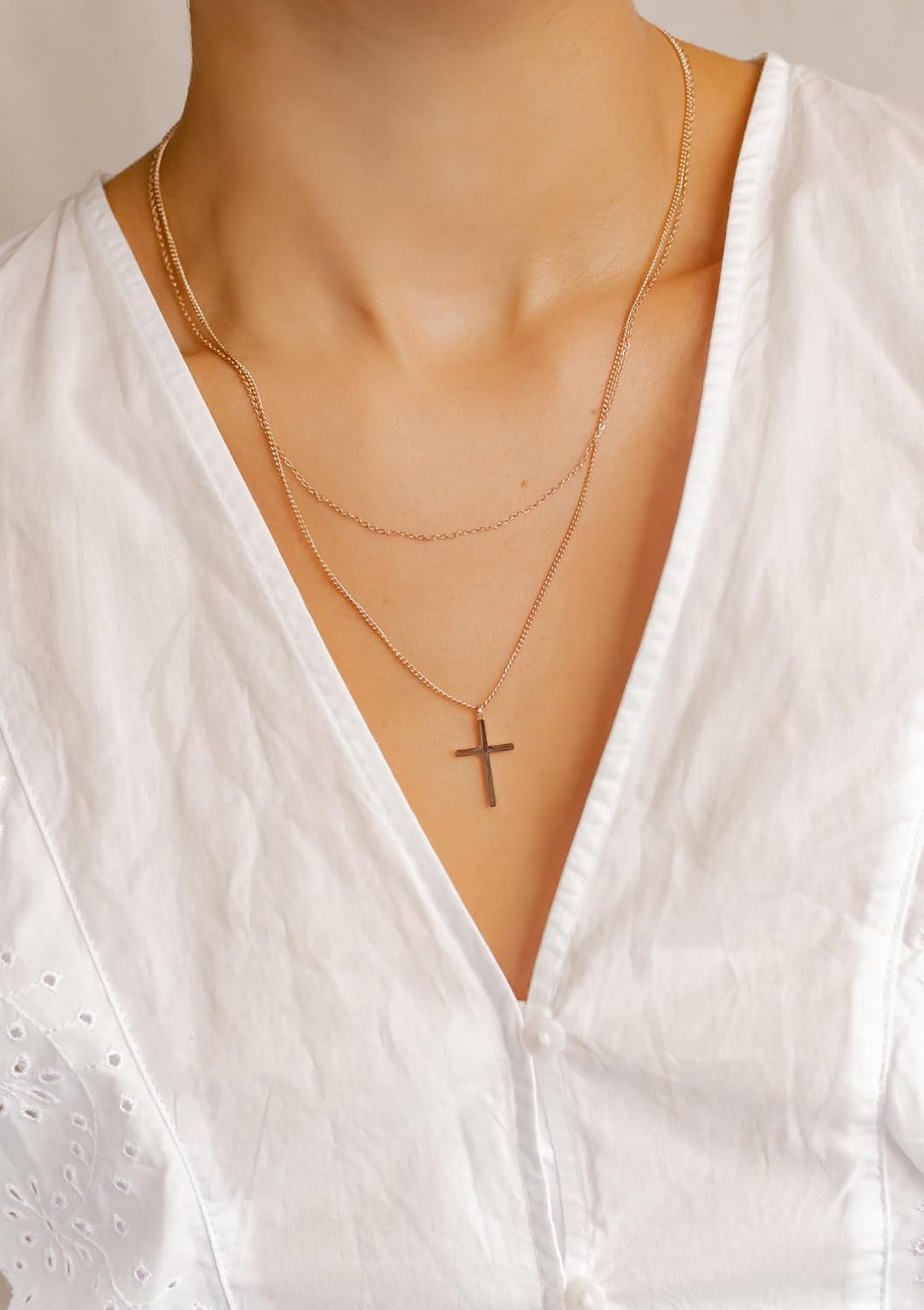 Happiness Boutique Damen Kreuz Kette in Rosegold | Zarte Mehrreihige Kette mit Kreuz Anhänger Edelst