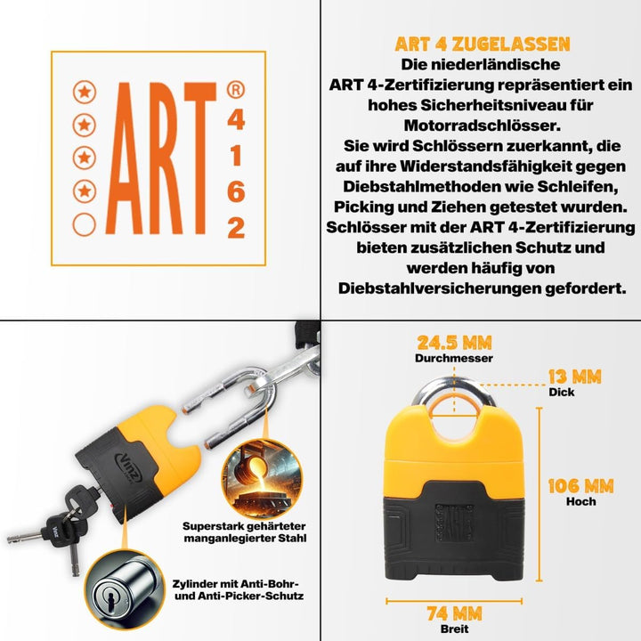 VINZ Makalu Kettenschloss ø10,5mm | ART 4 Zertifikat | Motorrad Schloss Moped Schloss Roller & E-sco