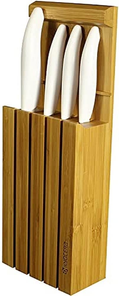 Kyocera Bamboo Block mit 4 GEN White Messern Messerblock, Bambusholz, Bambus Holz, 34 x 12,3 x 6,6 c