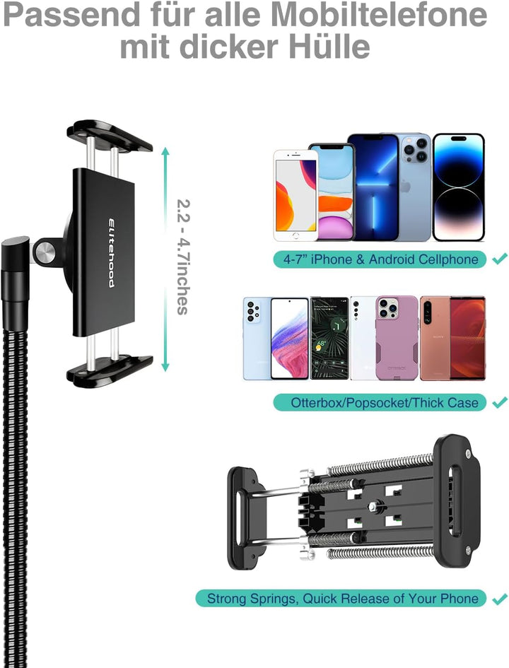 elitehood 203cm Handy Stativ, 360° Drehbar Overhead Stativ iPhone Gross | Hoch Aluminium Stativ für