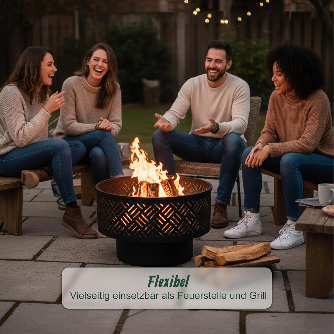 Relaxdays Feuerschale, Ø 66 cm, mit Grillrost, Deckel, Schürhaken &amp; wasserdichter Abdeckung, Feuerst
