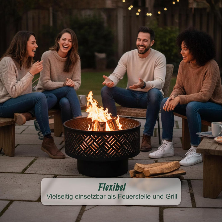 Relaxdays Feuerschale, Ø 66 cm, mit Grillrost, Deckel, Schürhaken &amp; wasserdichter Abdeckung, Feuerst