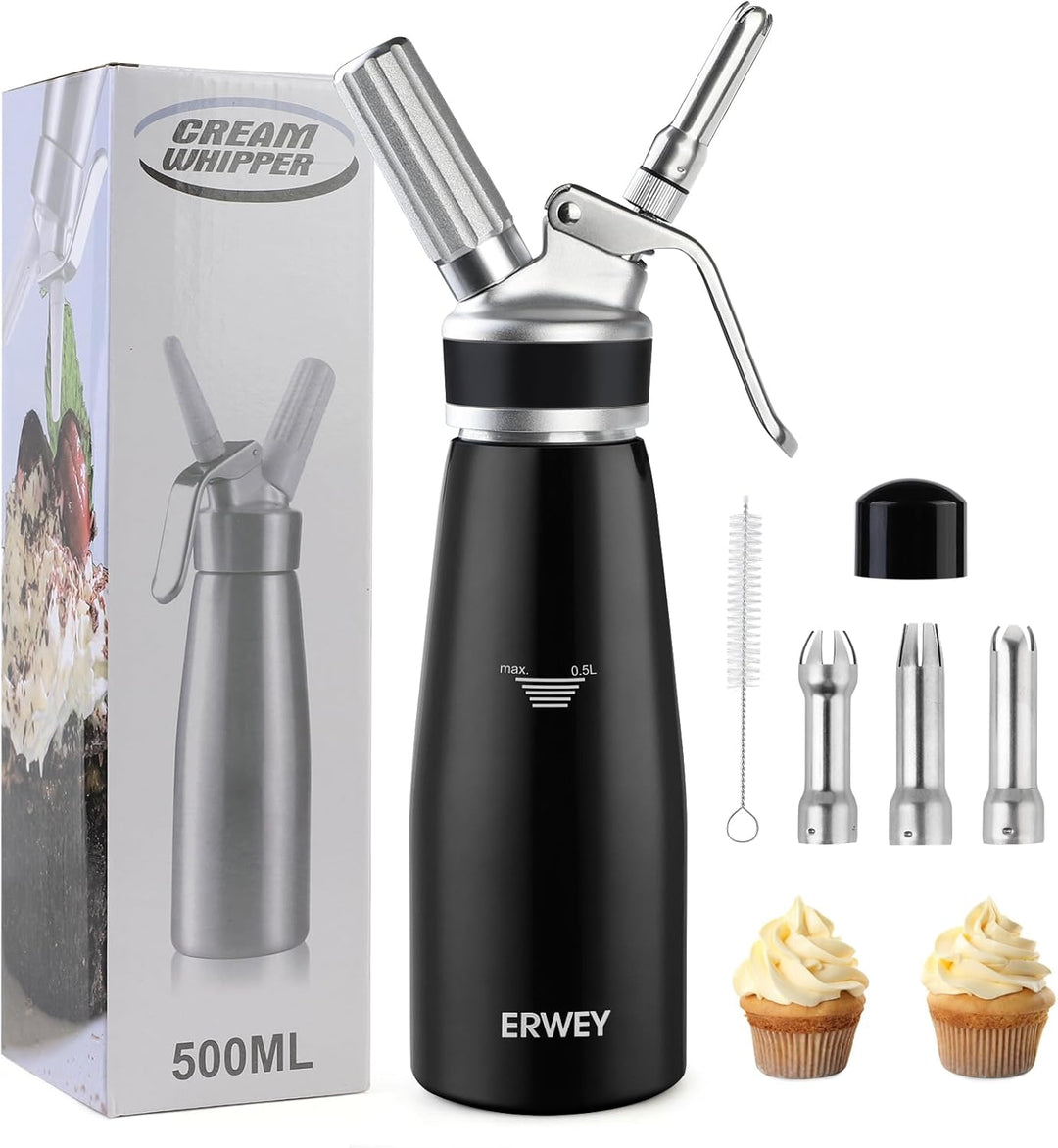 ERWEY Sahnespender 500ML, Sahnesyphon Edelstahl, Sahnesprüher Auslaufsicherer Einfach Reinigen mit 3