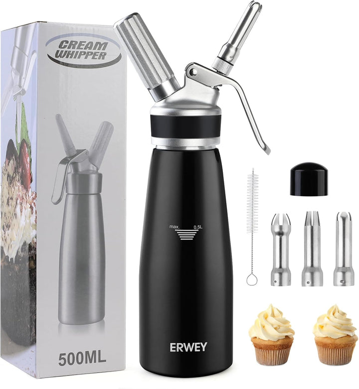 ERWEY Sahnespender 500ML, Sahnesyphon Edelstahl, Sahnesprüher Auslaufsicherer Einfach Reinigen mit 3