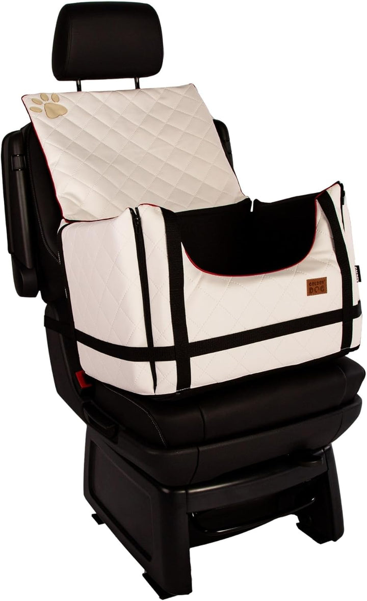 Golden Dog - Transportbox Hund mit Sicherheitsgurt M-52x44x33 cm - Leder Imitation Autositz Hund, Wa