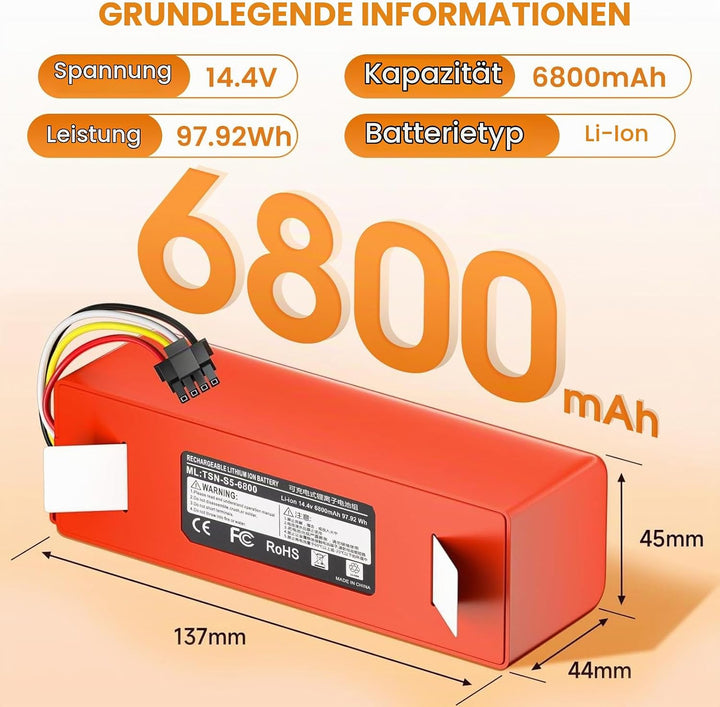 14,4 V 6800 mAh Ersatzakku für Roborock S4, S5, S50, S6, S7, S7 Max, Q5, Q7, Q7 Max
