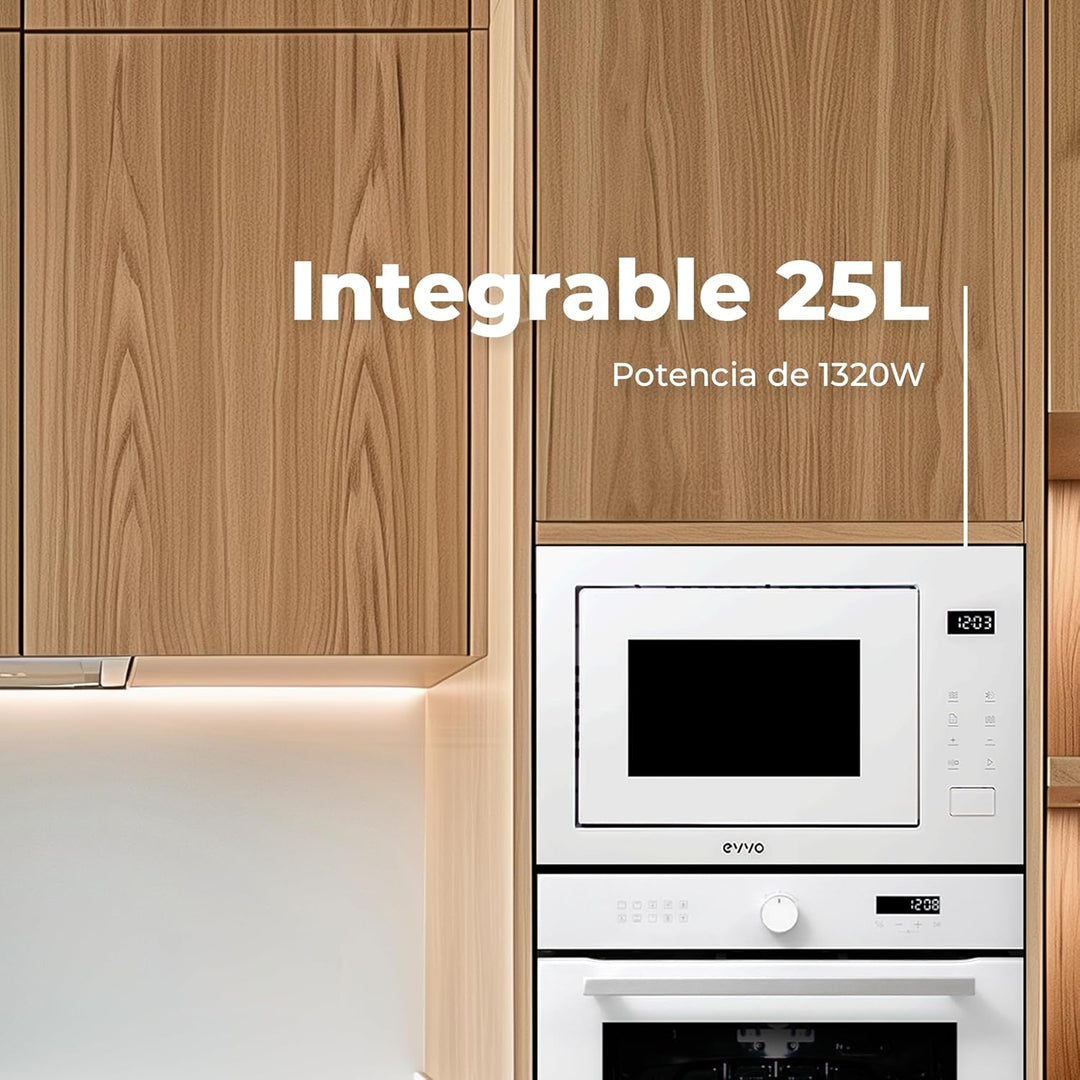 EVVO Integrierte Mikrowelle Mi45 Glas Bl, 25 l Fassungsvermögen, Grill 1200 W, Tür und Rahmen mit Gl