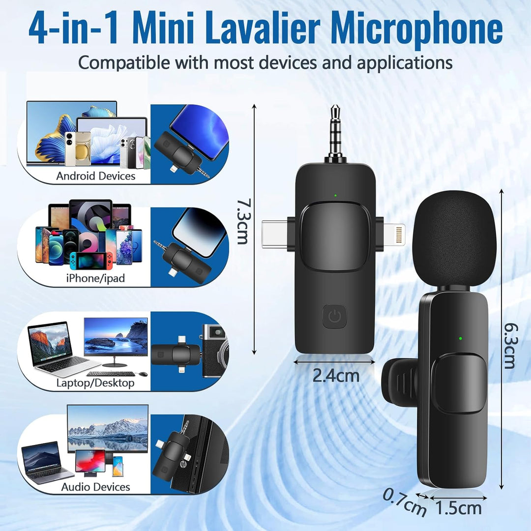 4 in 1 Lavalier Mikrofon Kabellos, Mikrofon Handy für iPhone/Android/Laptop, Mini Ansteckmikrofon fü