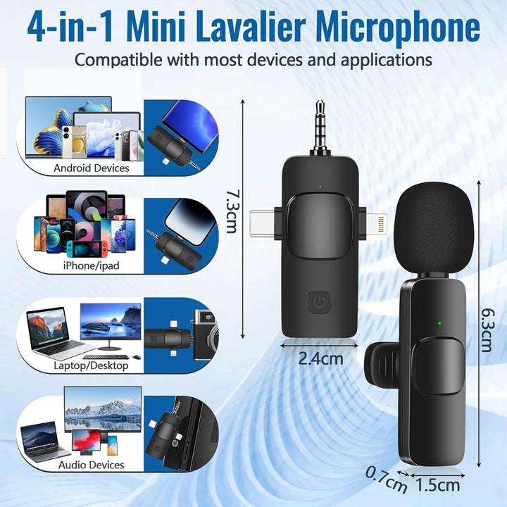 4 in 1 Lavalier Mikrofon Kabellos, Mikrofon Handy für iPhone/Android/Laptop, Mini Ansteckmikrofon fü
