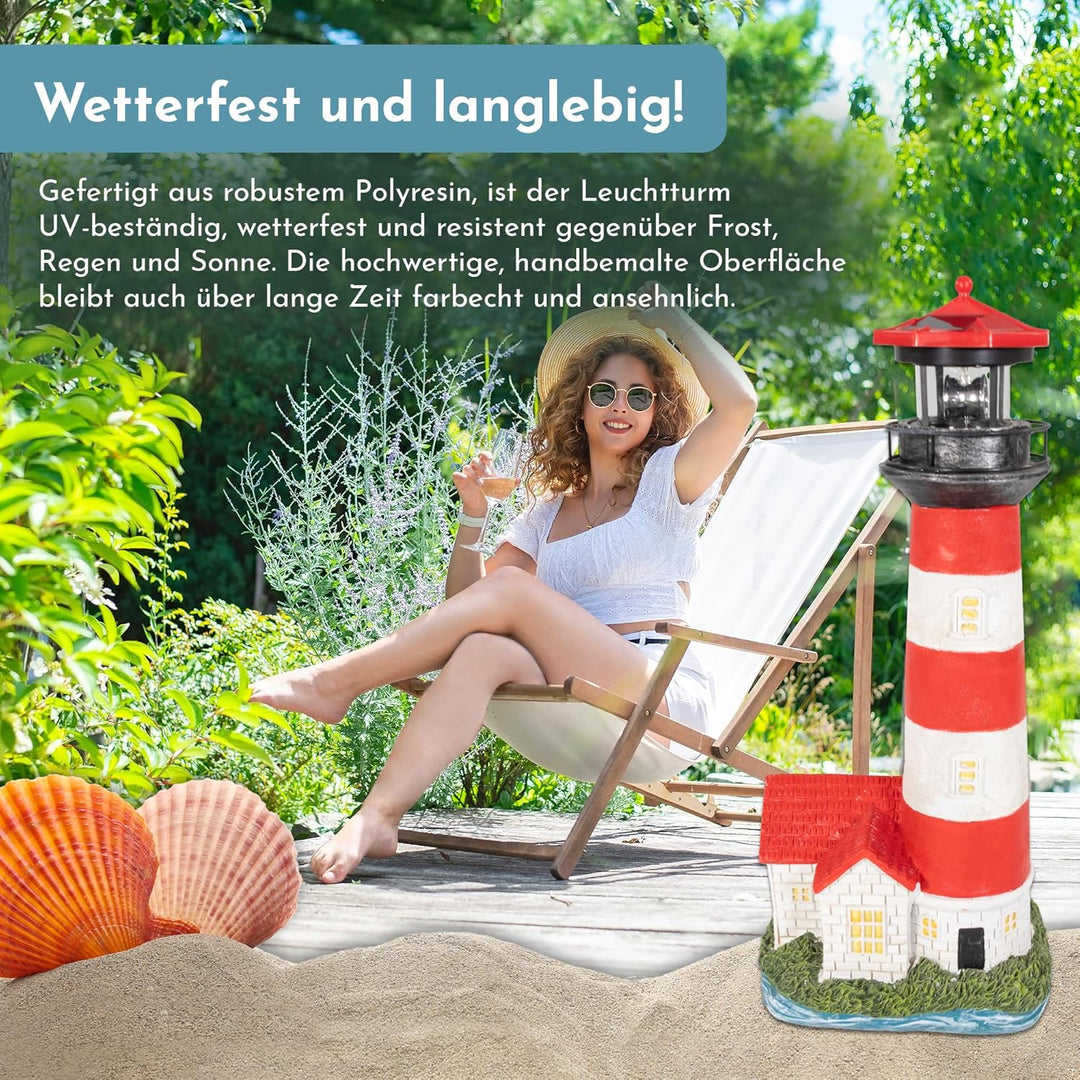 NATIV LEMODO Gartendeko Leuchtturm mit rotierendem Leuchtfeuer | Handbemalte Gartenfigur mit Solarle