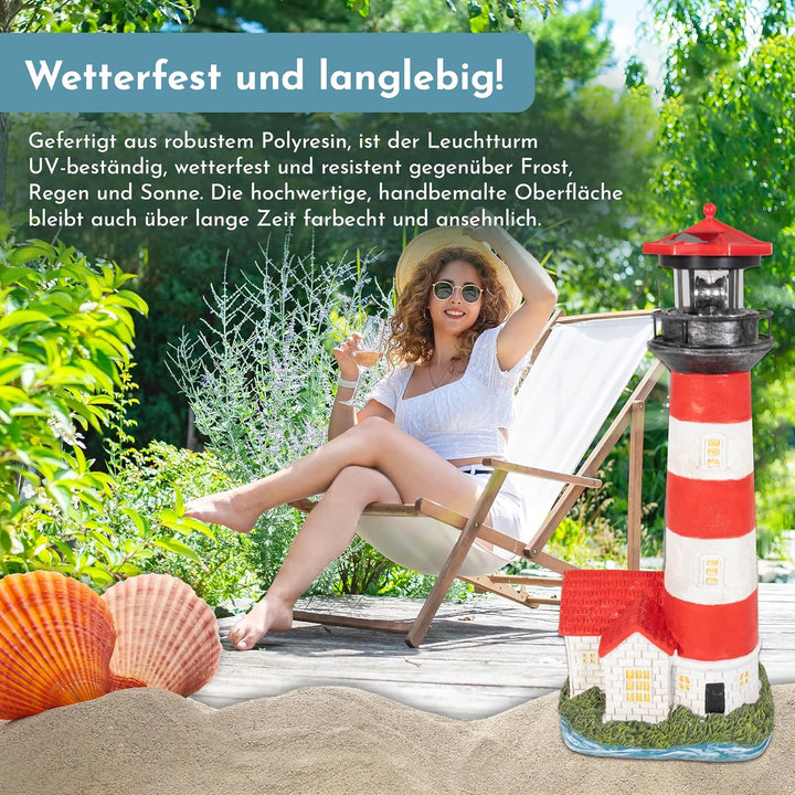 NATIV LEMODO Gartendeko Leuchtturm mit rotierendem Leuchtfeuer | Handbemalte Gartenfigur mit Solarle