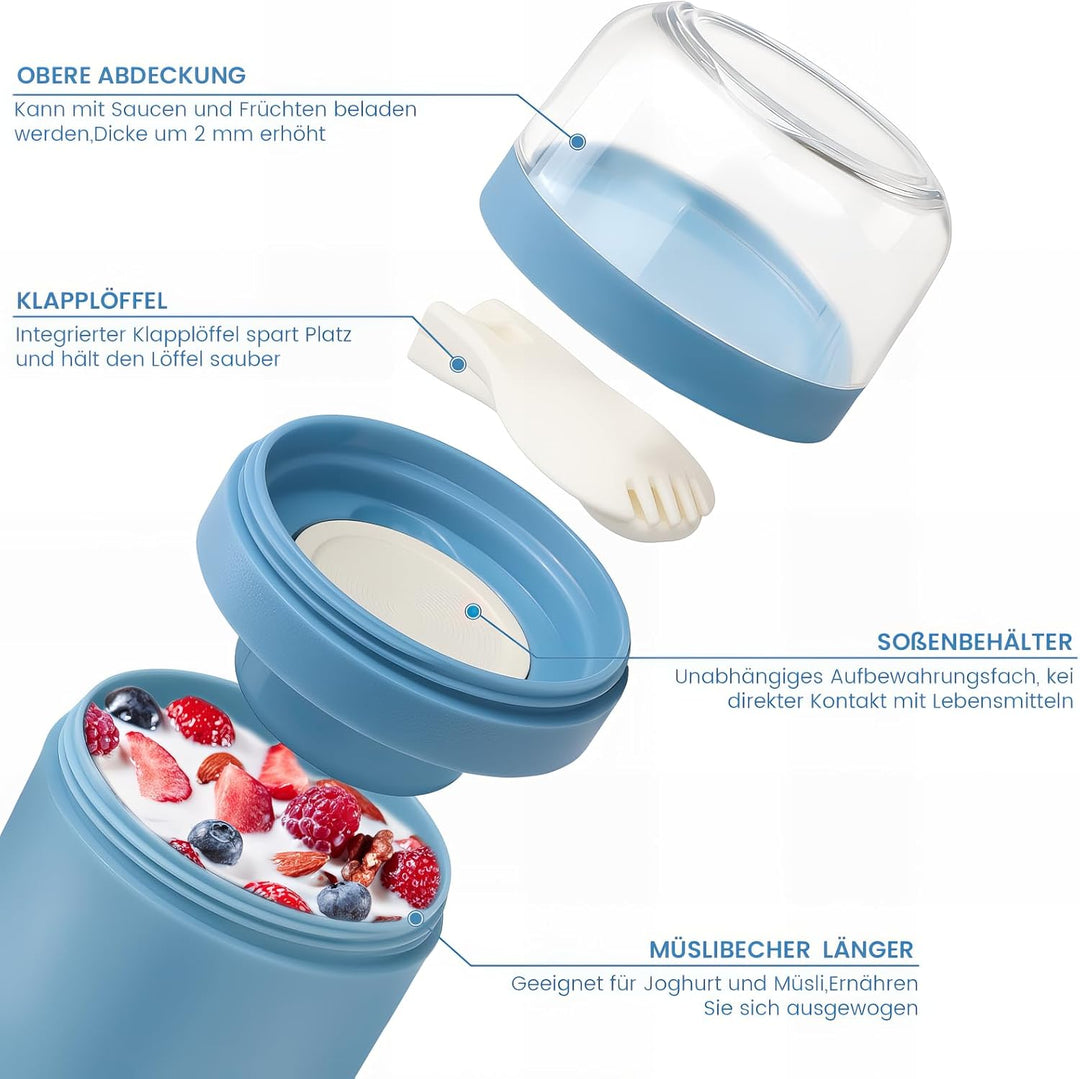 Bugucat Müslibecher to Go 520ML+250ML 2er,Praktischer Joghurtbecher mit Löffel, Auslaufsicher Müsli