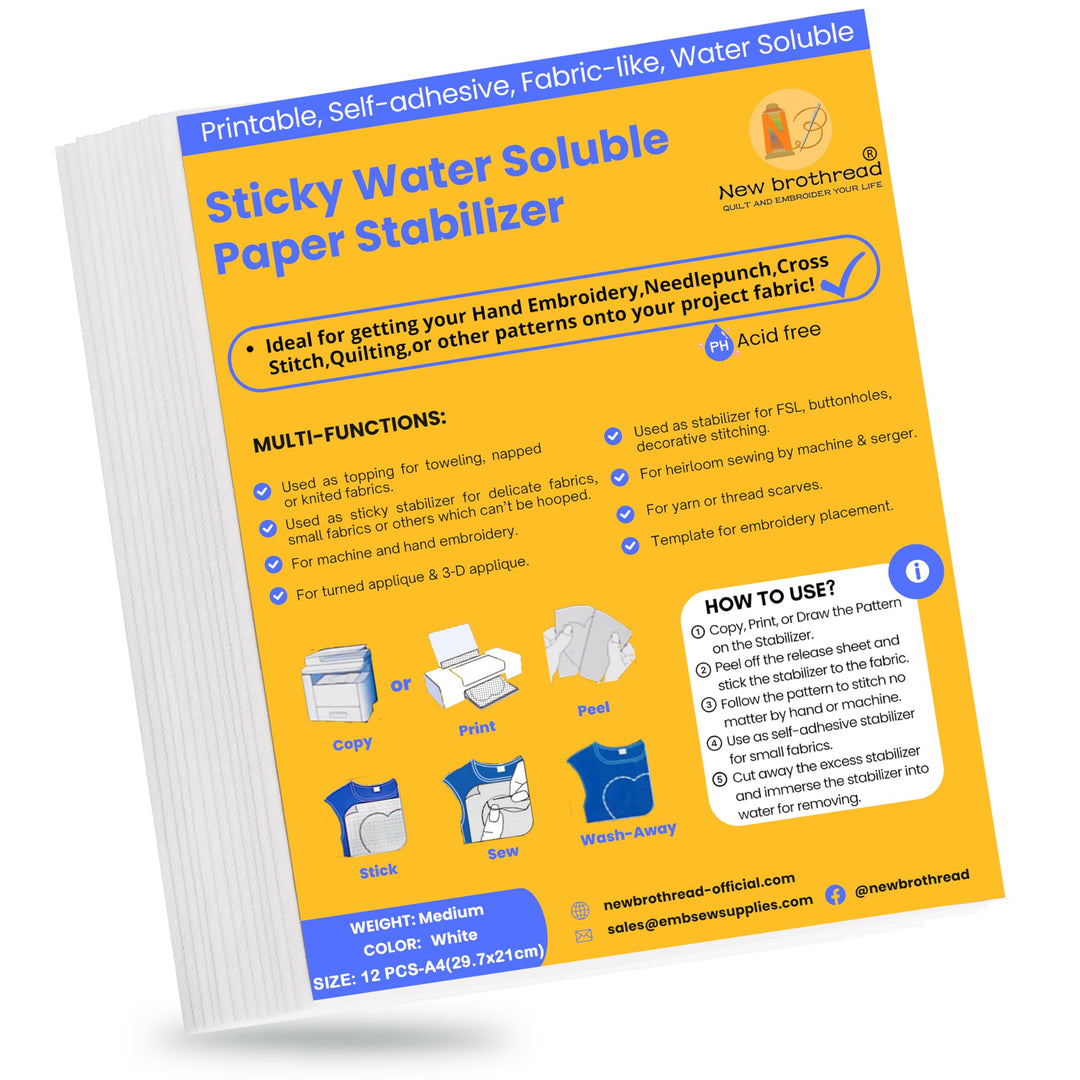 New brothread 12PCS A4 (29.7x21cm) Selbstklebende Wasserlösliche Stickvlies Bedruckbare Stickereipap