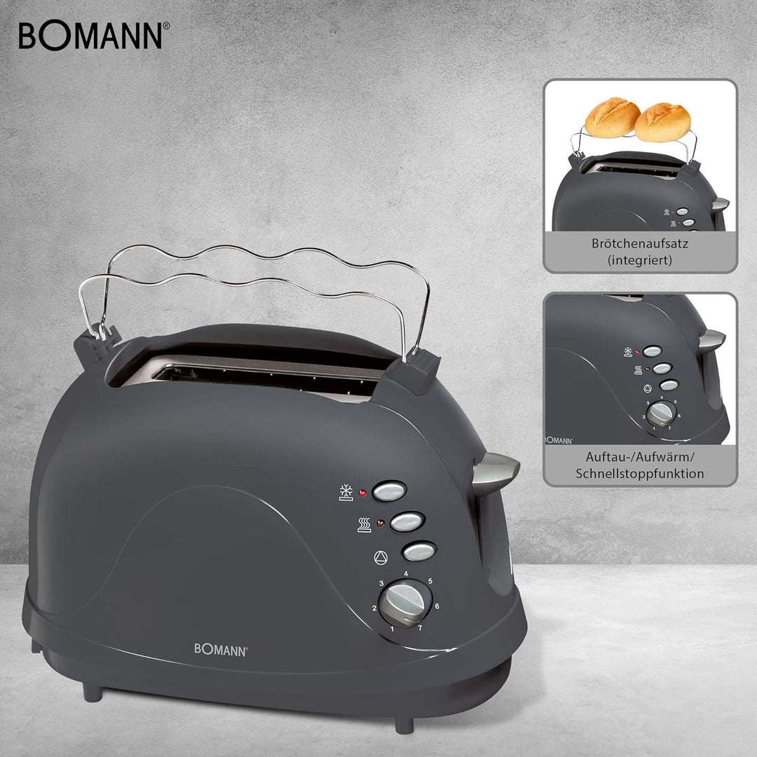 Bomann Toaster TA 246 CB, kompakter 2-Scheiben Toaster, Auftaufunktion, Aufwärmfunktion, Schnellstop