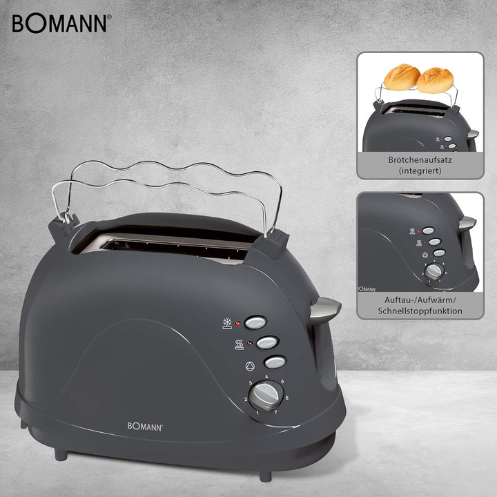 Bomann Toaster TA 246 CB, kompakter 2-Scheiben Toaster, Auftaufunktion, Aufwärmfunktion, Schnellstop