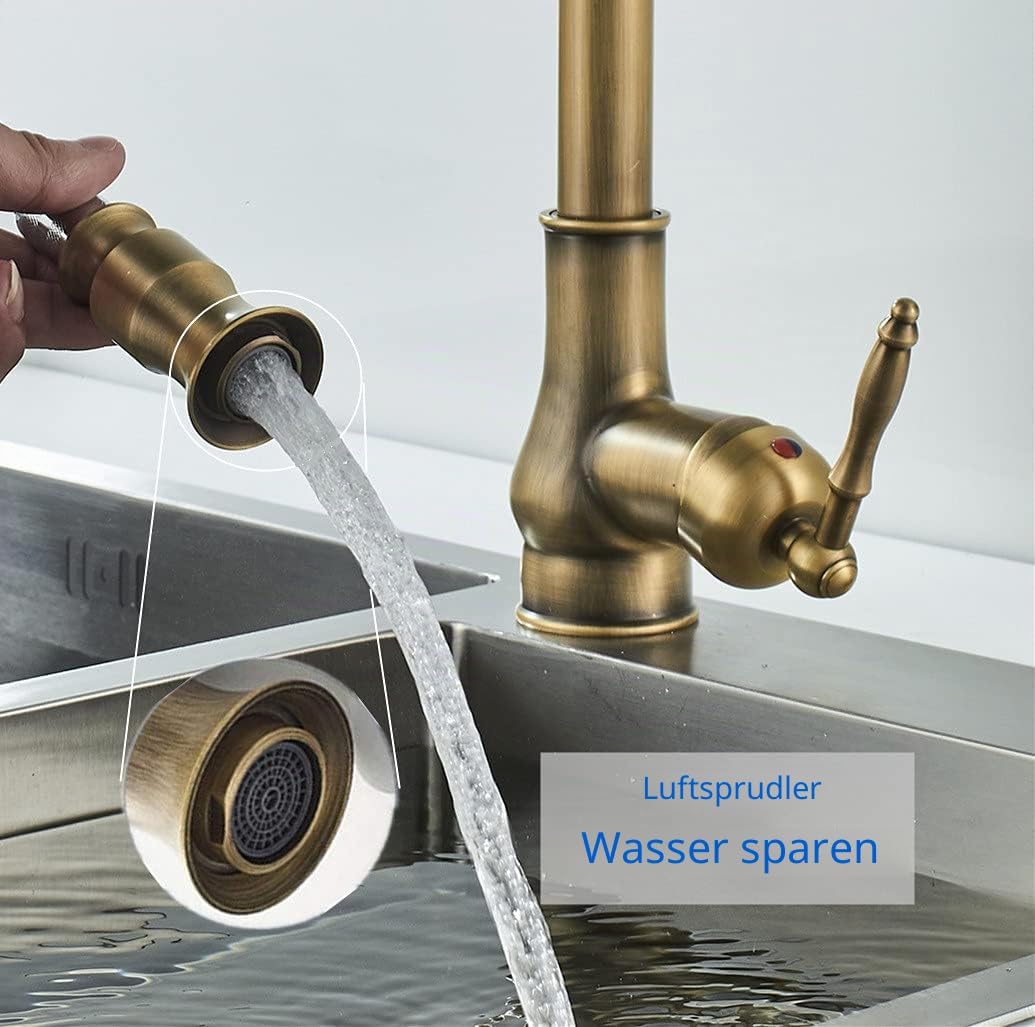 NIUKO Retro Küchenarmatur Ausziehbar, Wasserhahn Küche Messing Antik, Einhebel 360°Drehbar Spültisch