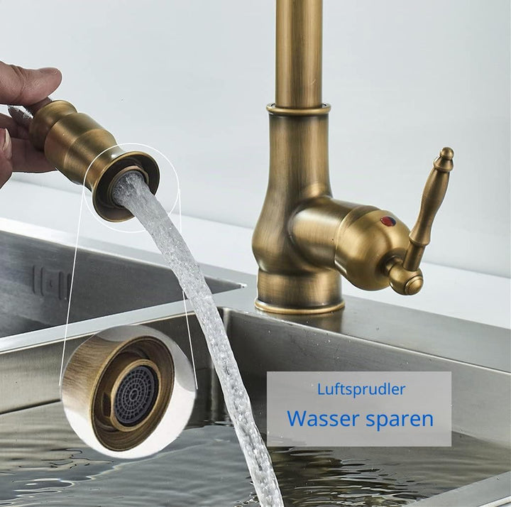 NIUKO Retro Küchenarmatur Ausziehbar, Wasserhahn Küche Messing Antik, Einhebel 360°Drehbar Spültisch