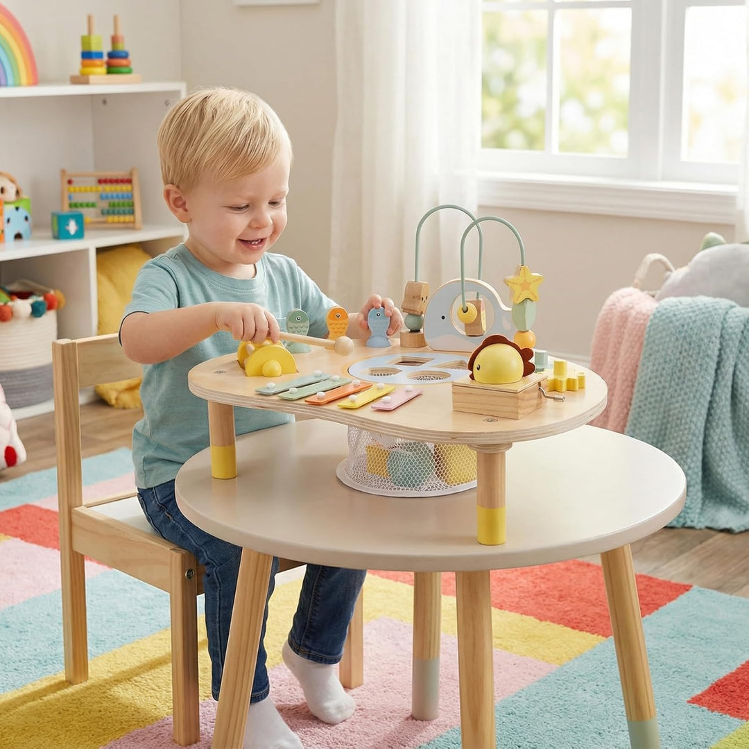 FANTASK Holz Aktivitätstisch, Montessori Motoriktisch für Kinder ab 1 Jahr, Lernspielzeug mit Motori