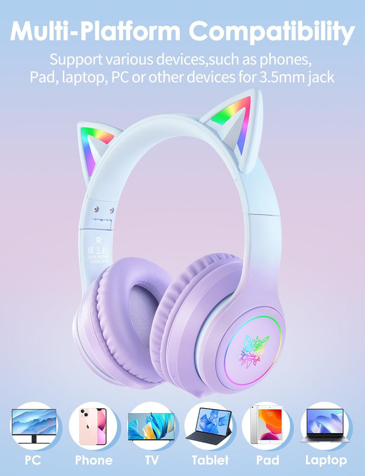 Bluetooth-Kopfhörer mit LED-Katzenohren – Kabelloses Over-Ear Headset mit Mikrofon, Hi-Fi Stereo-Sou
