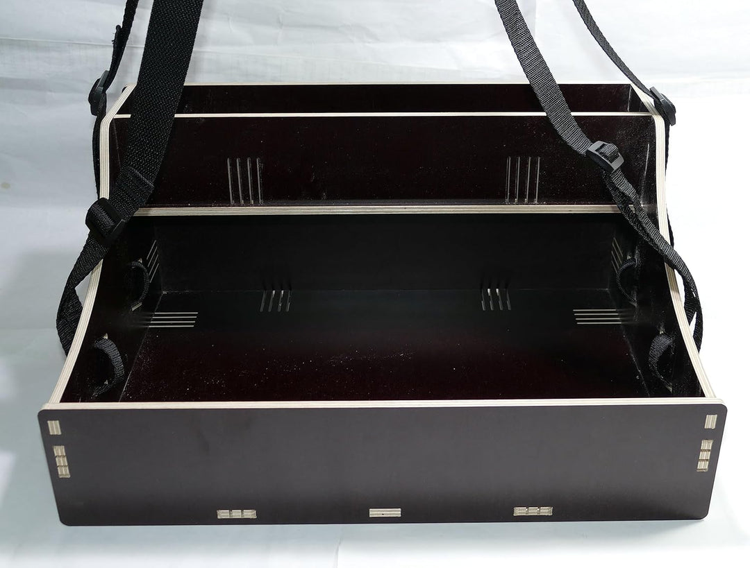 Holz Bauchladen schwarz/braun mit Oberlade 2 Gurte JGA Fete Catering 42 cm x 30 cm mit schwarzem Tra