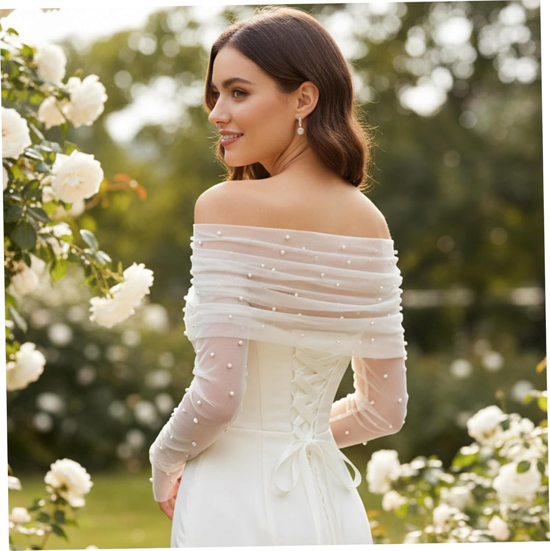 Brautstola, eleganter, schulterfreier, transparenter Schal mit abnehmbaren Ärmeln, Tüll-Hochzeitsübe
