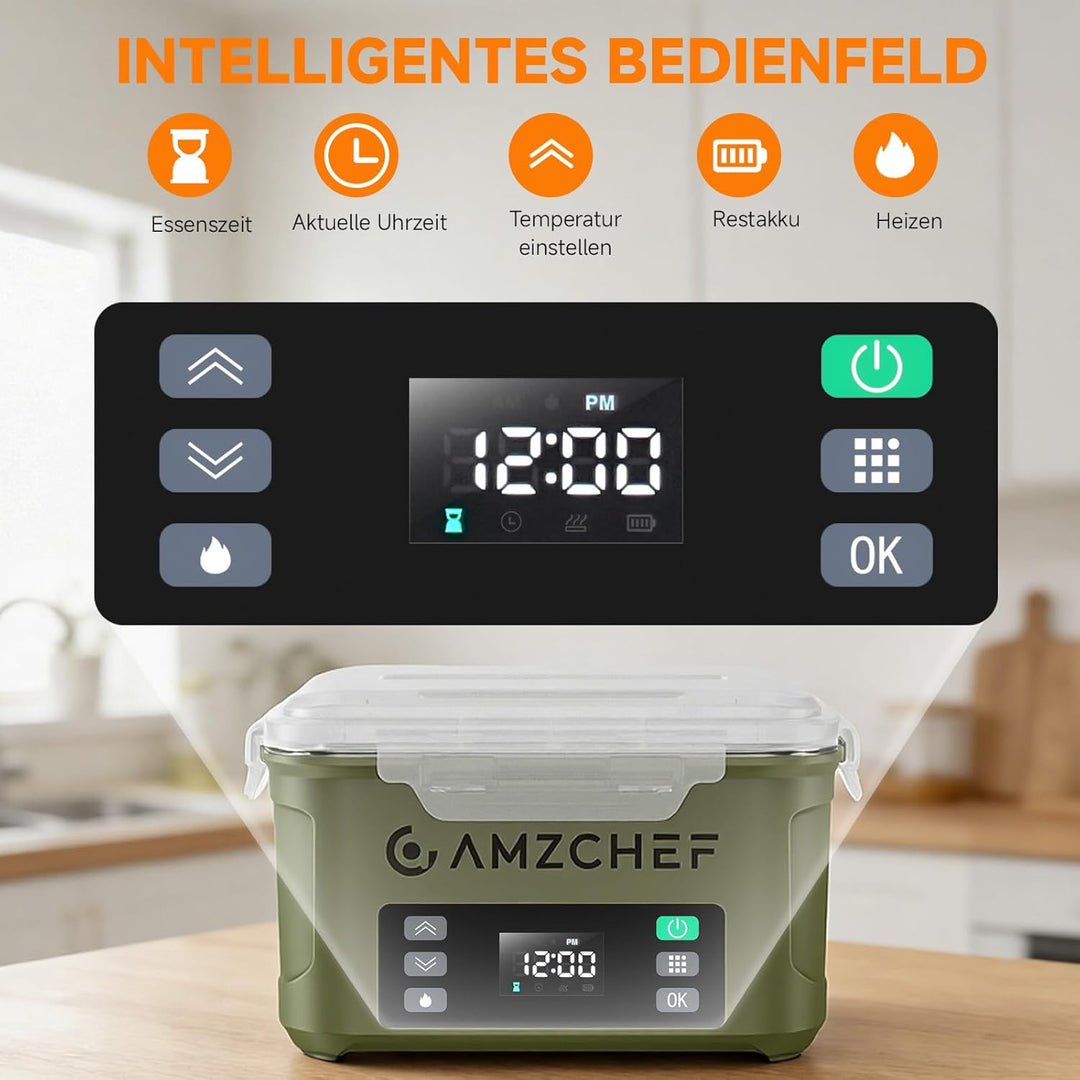 AMZCHEF Elektrische Lunchbox mit 27000 mAh Akku - Tragbare 1.5L Beheizbare Lunchbox mit 5-seitiger E
