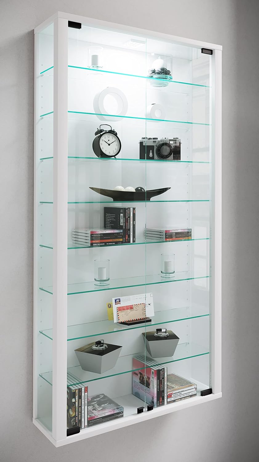 VCM Wandvitrine Sammelvitrine Glasvitrine Wand Vitrine Regal Schrank Glas ohne Beleuchtung Weiss "Vi