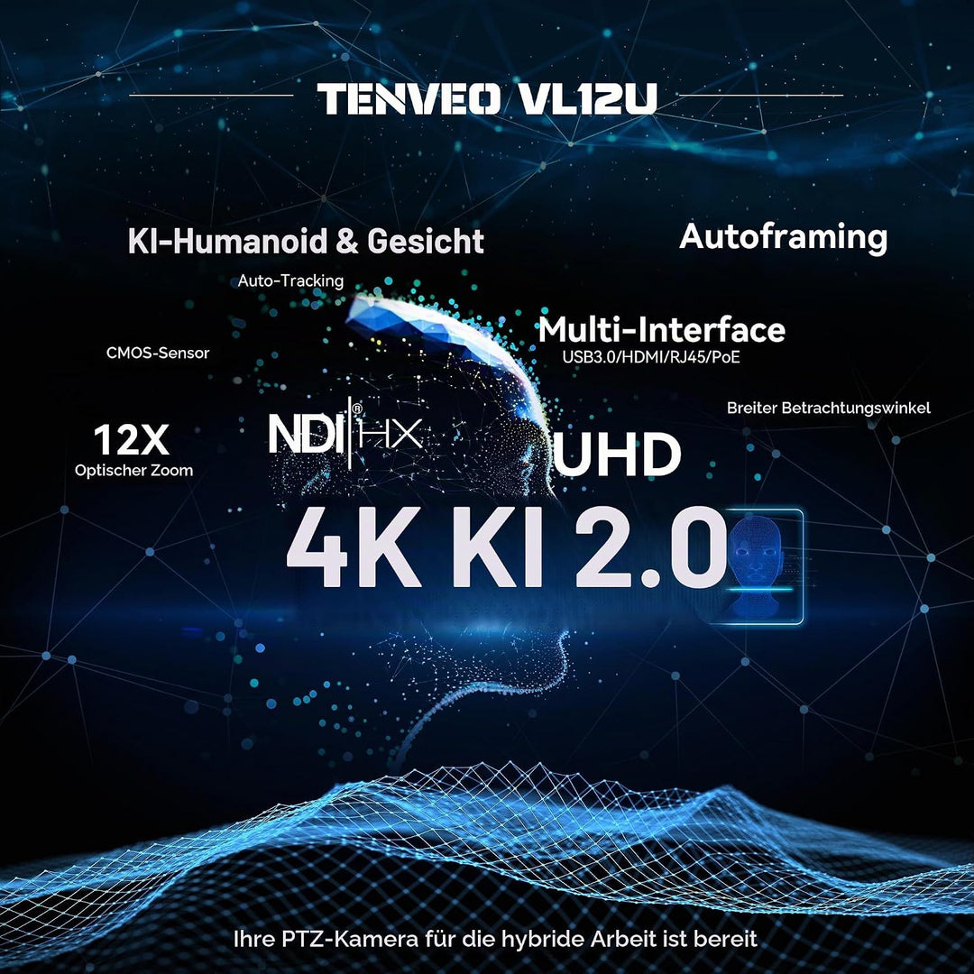 Tenveo 4K PTZ Kamera mit NDI &amp; AI-Tracking – 12x Optischer Zoom, USB3.0/HDMI/PoE, für Live-Streaming
