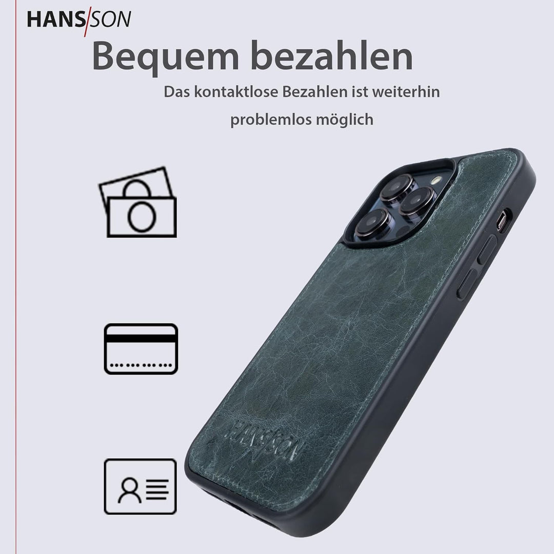 HANS/SON Echtlederhülle in Petrol | iPhone 14 Pro Ledercase | Schutz vor Stürzen und Stössen | Magsa