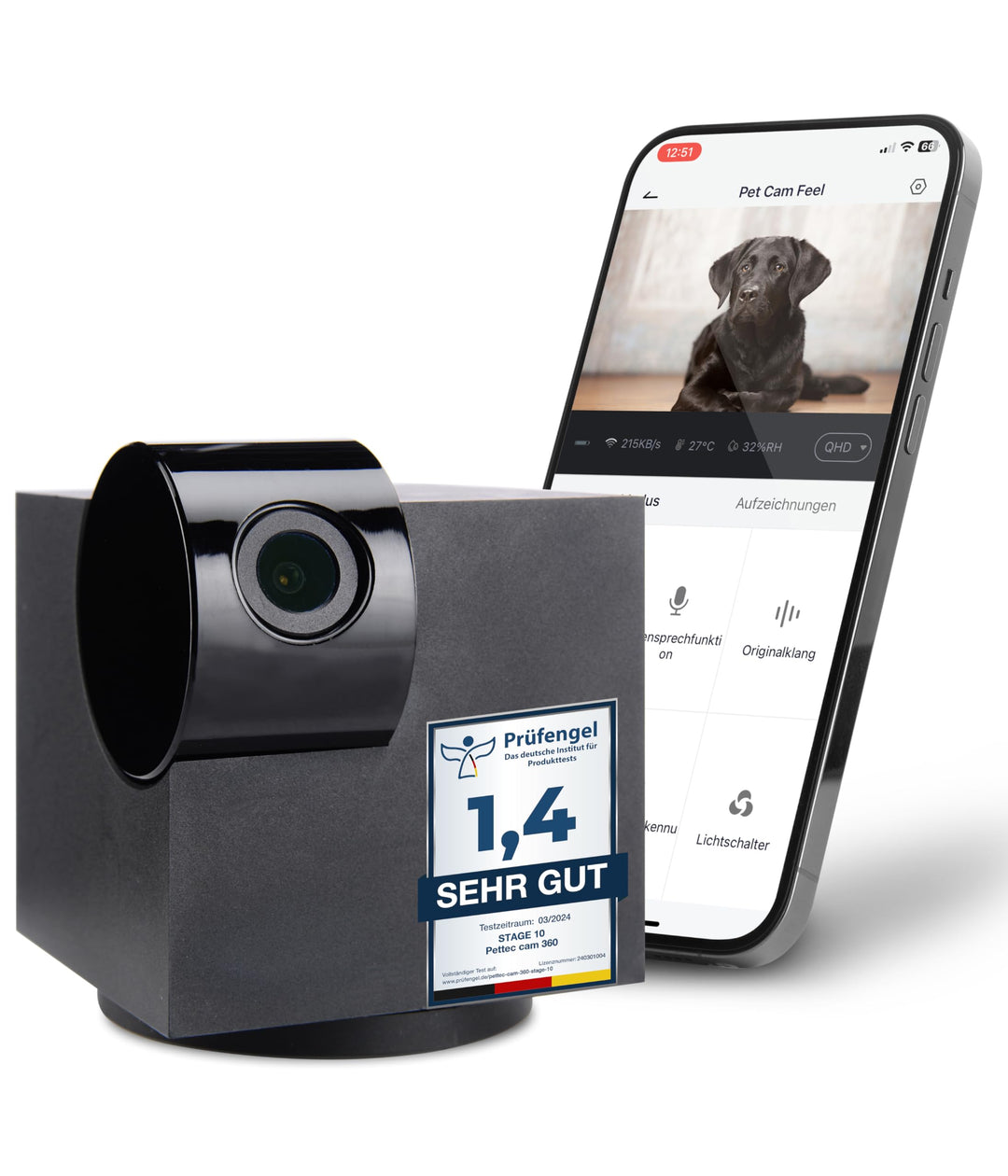 PetTec Cam 360° Hundekamera mit App, WLAN, Sprachfunktion & Nachtsicht für Zuhause - Haustier Überwa