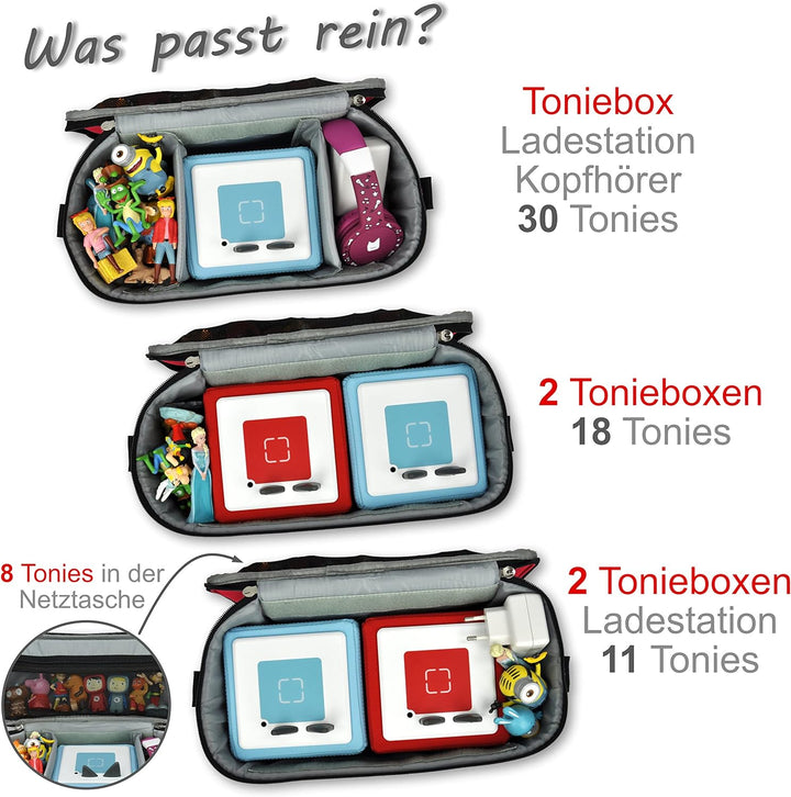 Punalu Tasche für Toniebox, Platz für 30 Tonies, Ladegerät und Kopfhörer Toniebox Tasche (Bagger rot