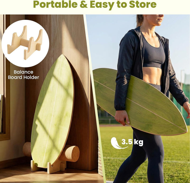 FANTASK Surf Balance Board, Gleichgewichtstrainer mit Korkrolle &amp; Halterung, FSC-Zertifiziert, Stabi