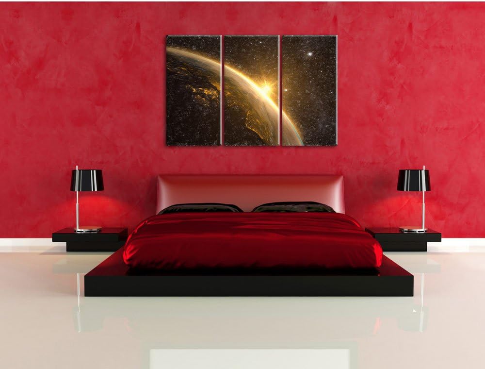 Pixxprint Die Sonne und Erde im Weltall Kunst Buntstift Effekt 3-Teiler Leinwandbild 120x80 Bild auf