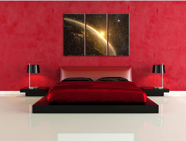 Pixxprint Die Sonne und Erde im Weltall Kunst Buntstift Effekt 3-Teiler Leinwandbild 120x80 Bild auf