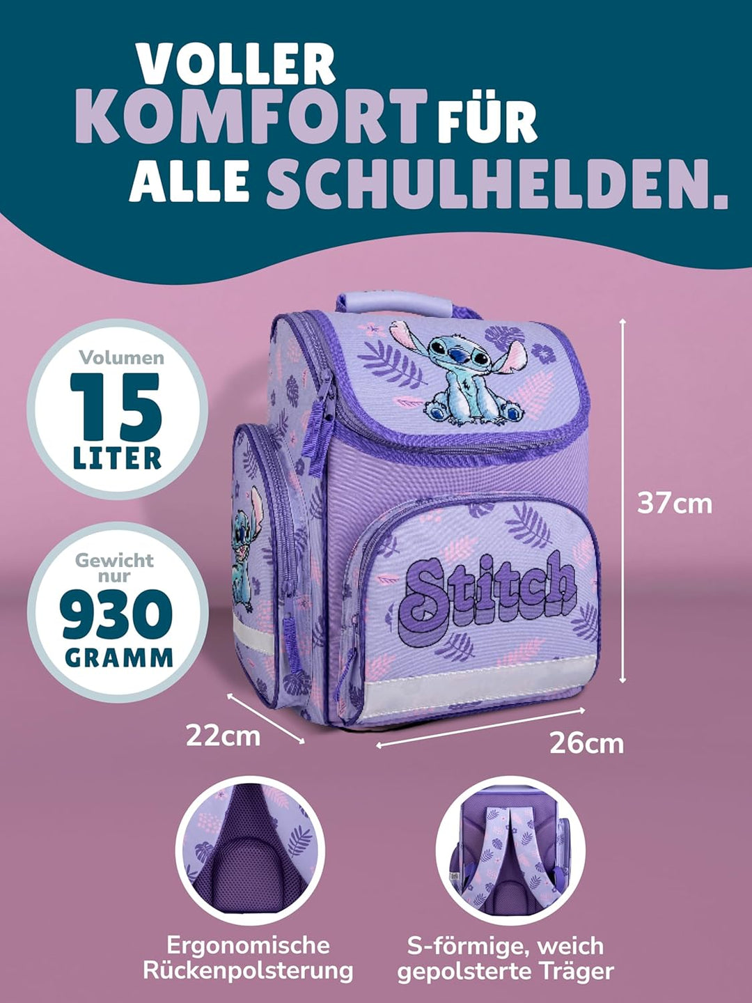 Familando - Schulranzen Set - 10-teilig mit Schultüte - Disneys Lilo und Stitch - Ergonomisch, stabi