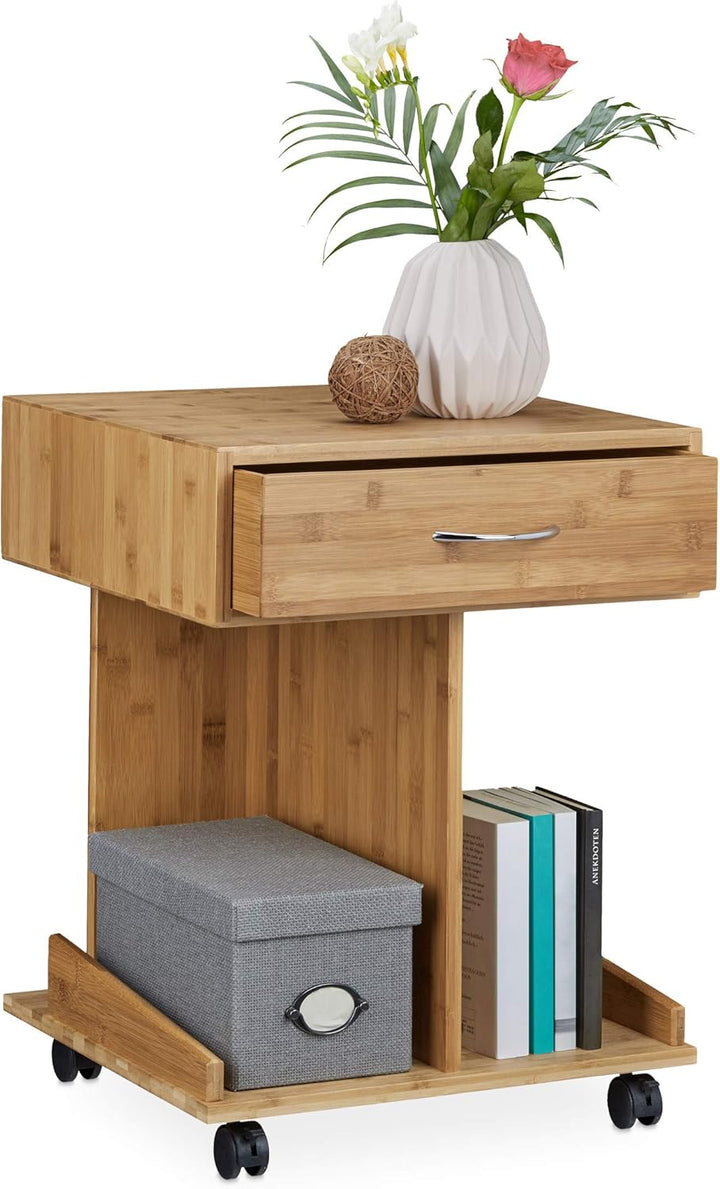 Relaxdays Beistelltisch mit Rollen ROLLI Bambus, Schublade, 2 Ablagen für Bücher, HxBxT: ca. 56,5 x