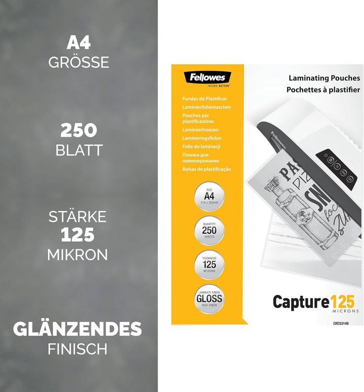 Fellowes Laminierfolien A4, 125 Mikron (2 x 125 mic), glänzende Heisslaminierfolien im Value Pack mi