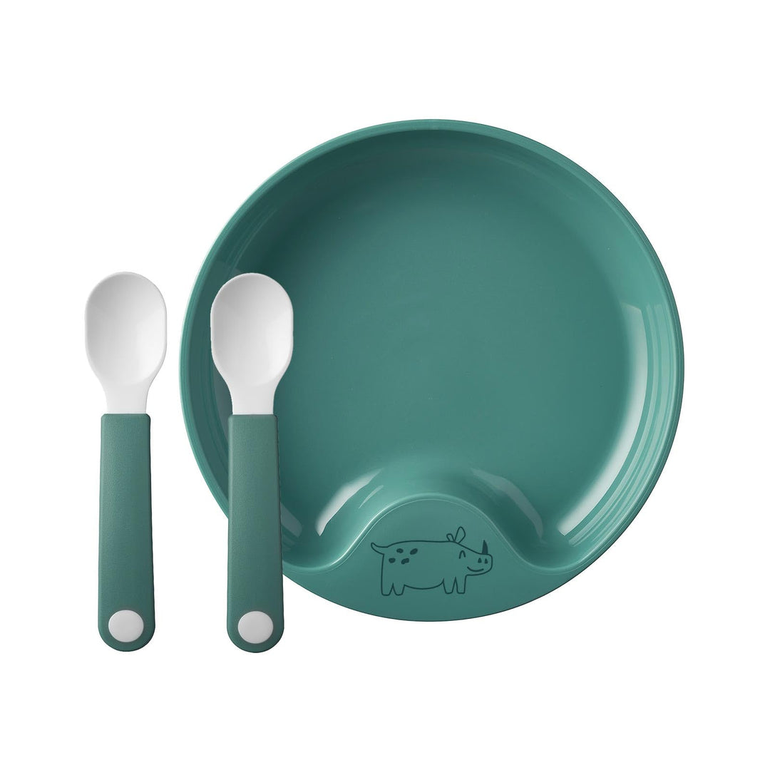 Mepal Mio - Lernteller mit Lernlöffel - Deep turquoise - rutschfester Kinderteller, handliche Kinder