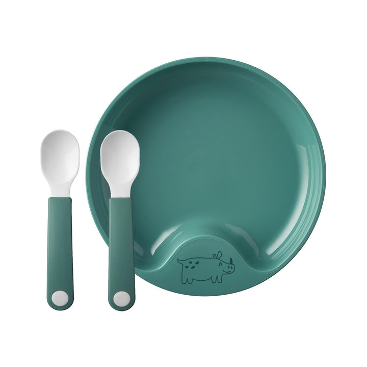 Mepal Mio - Lernteller mit Lernlöffel - Deep turquoise - rutschfester Kinderteller, handliche Kinder