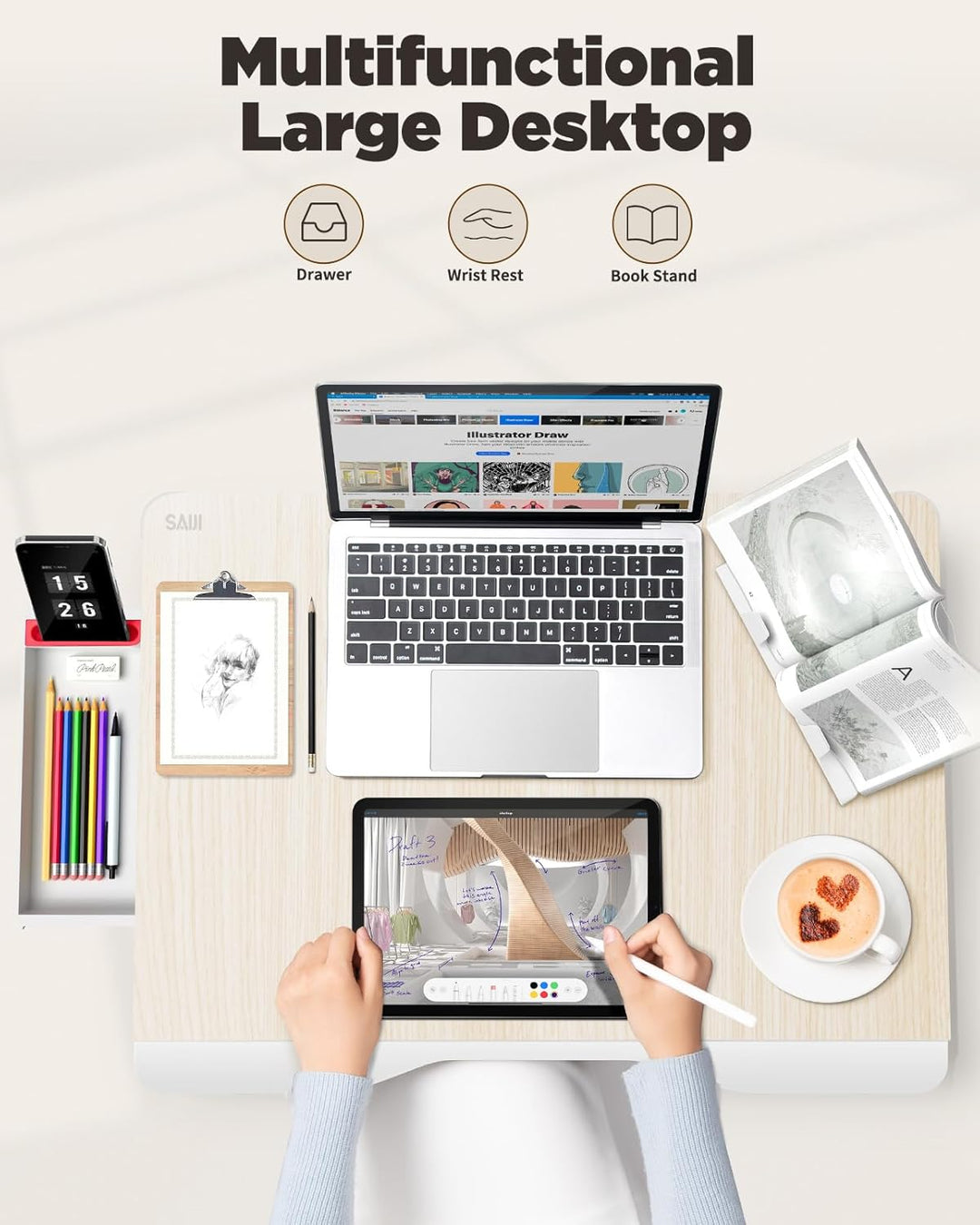 SAIJI Klappbarer Bett-Schreibtisch für Laptop, Essen, Frühstück, Schreiben, Gaming, extra gross, 65x